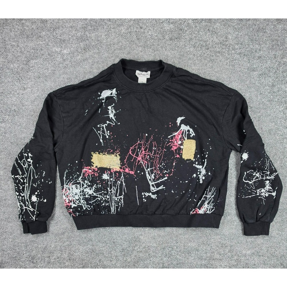 For The Republic Sweater Womens Medium Black Paint Splat Knit Crew Neck Pullover